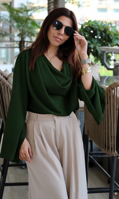 Bottle Green Slit Sleeves Cowl Neck Top