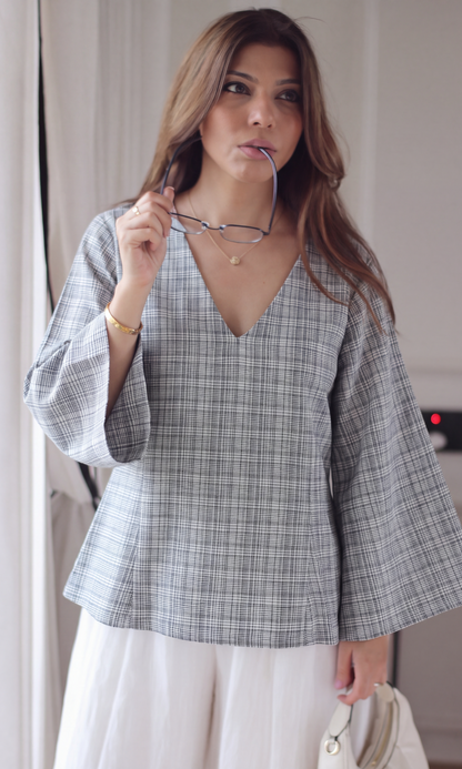 Charcoal Check V-Neck Peplum Top