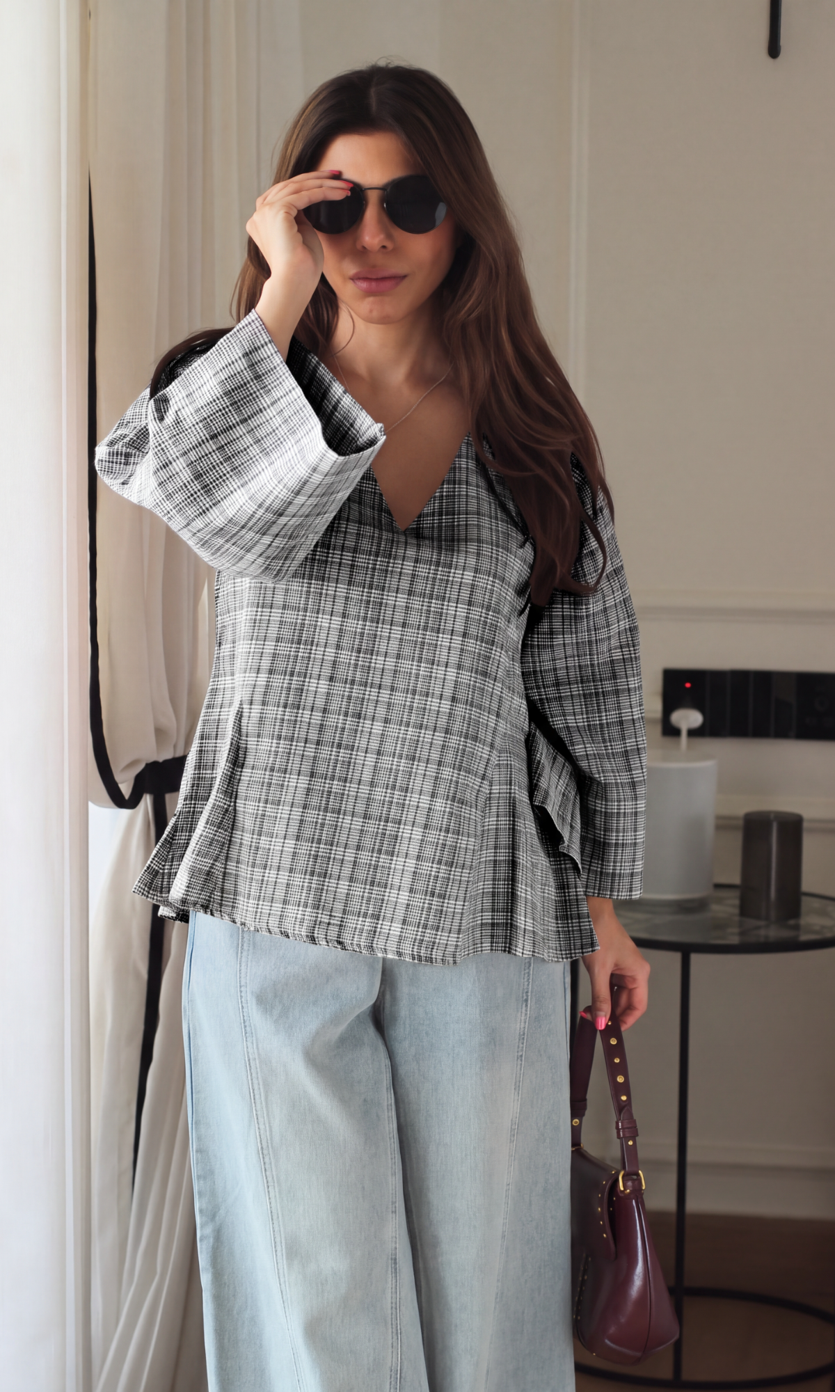 Charcoal Check V-Neck Peplum Top