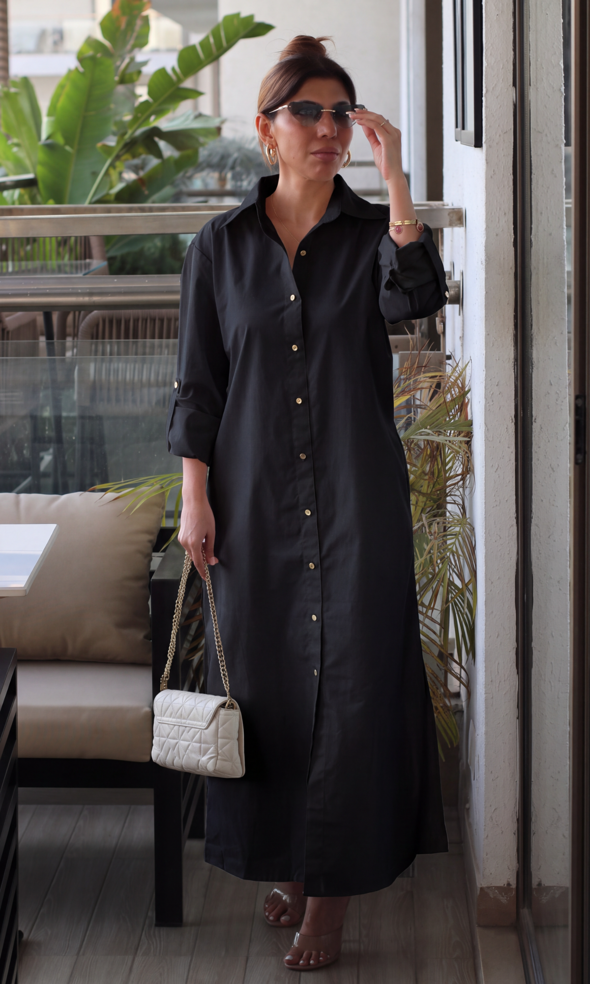 Black Metallic-Button Maxi Shirt Dress