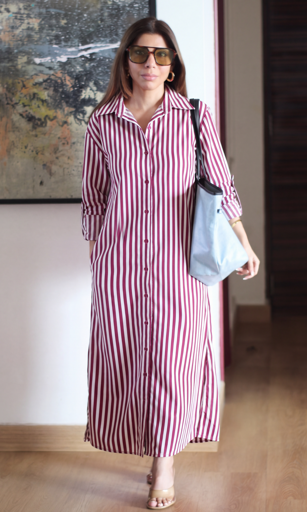 Burgundy Stripe Cotton Shirt Dress