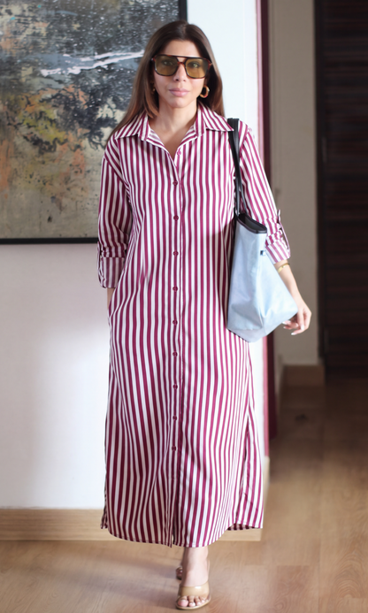 Burgundy Stripe Cotton Shirt Dress