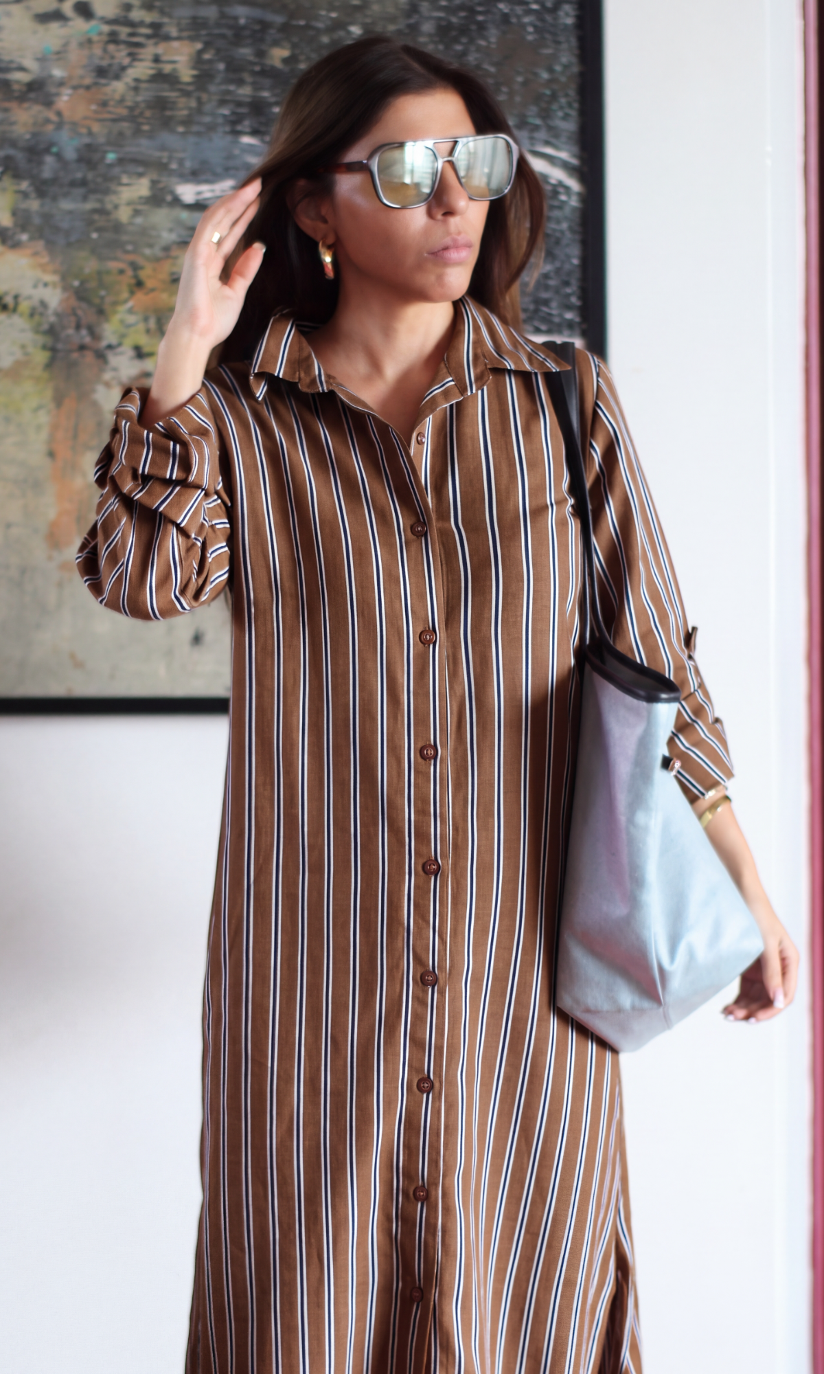 Cognac Striped Cotton Shirt Dress