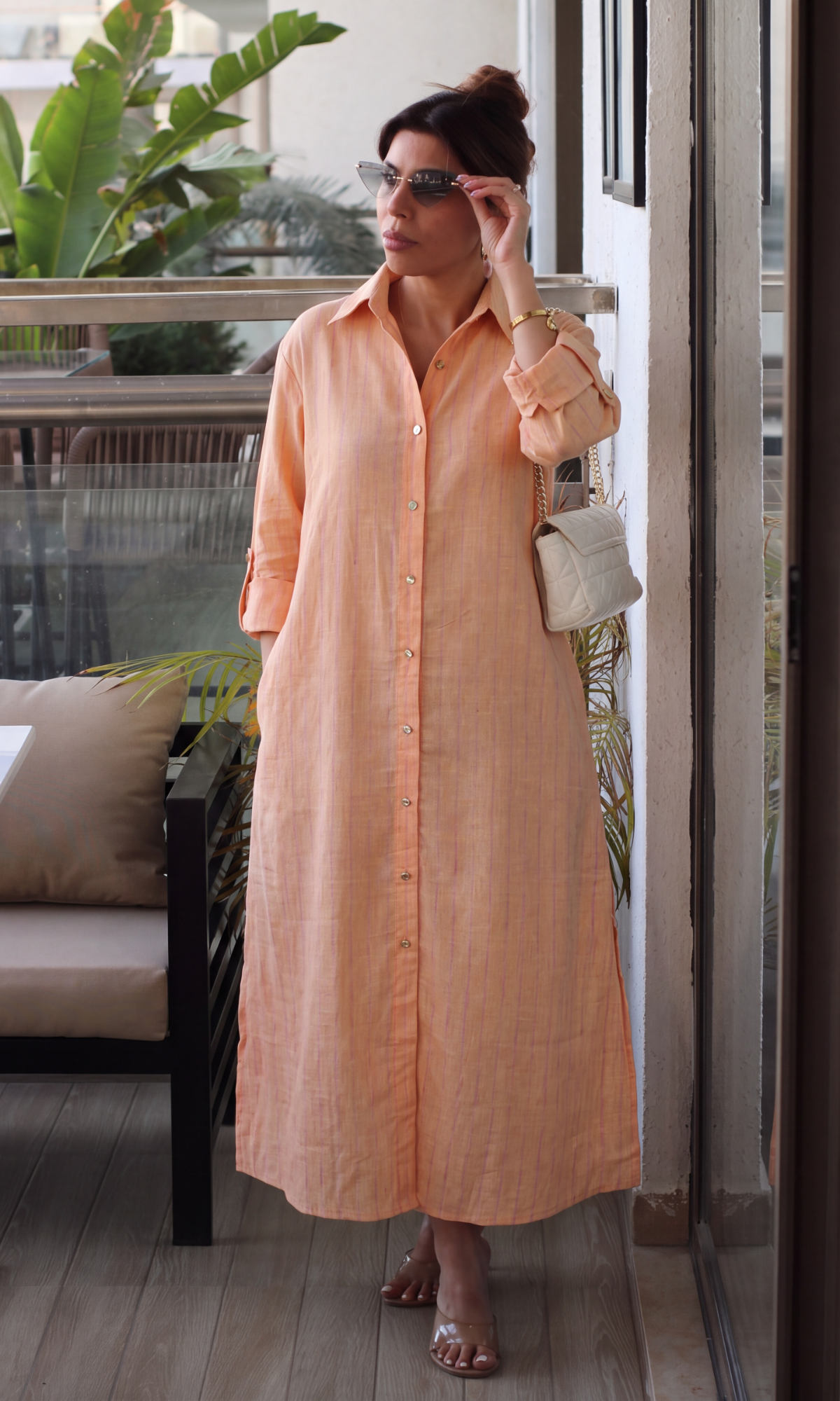 Ochre Windowpane Cotton Shirt Dress