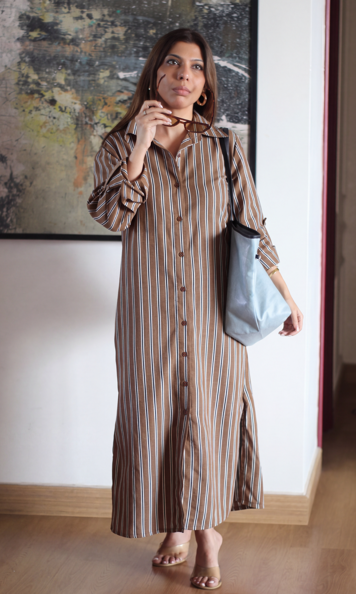 Cognac Striped Cotton Shirt Dress