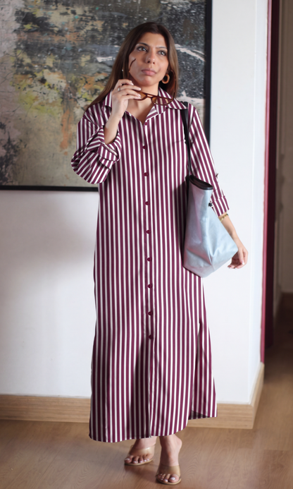 Burgundy Stripe Cotton Shirt Dress