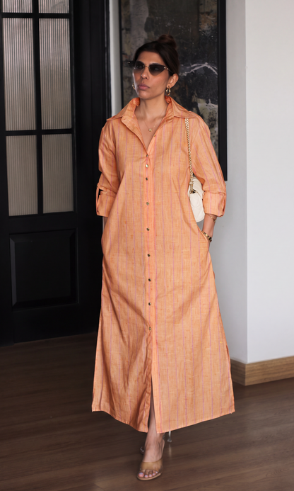 Ochre Windowpane Cotton Shirt Dress