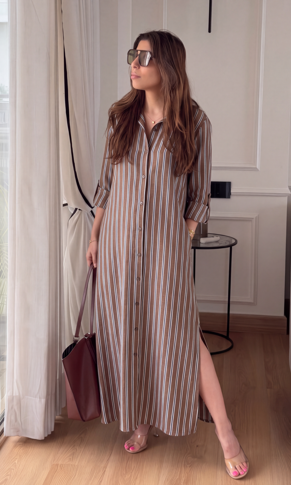 Cognac Striped Cotton Shirt Dress