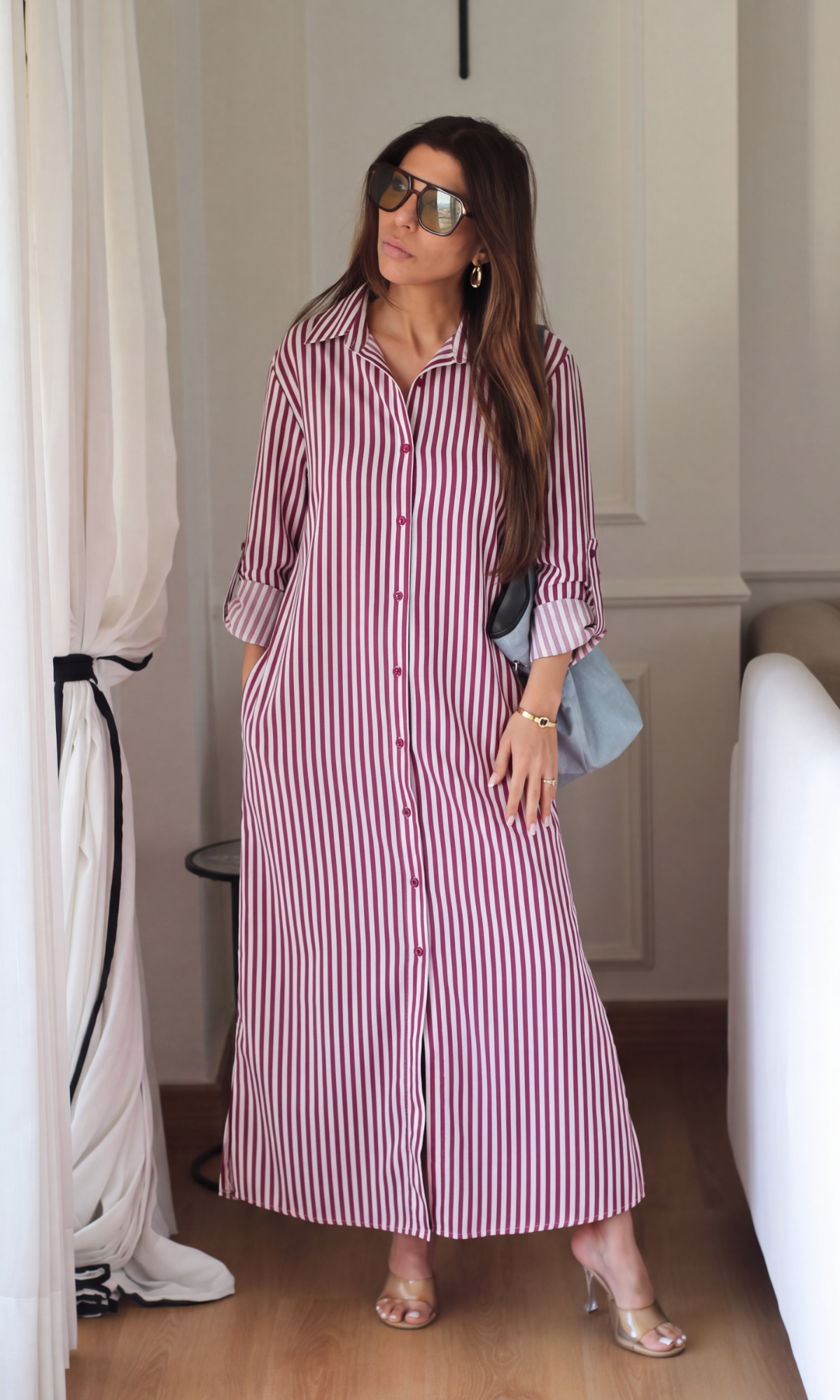 Burgundy Stripe Cotton Shirt Dress