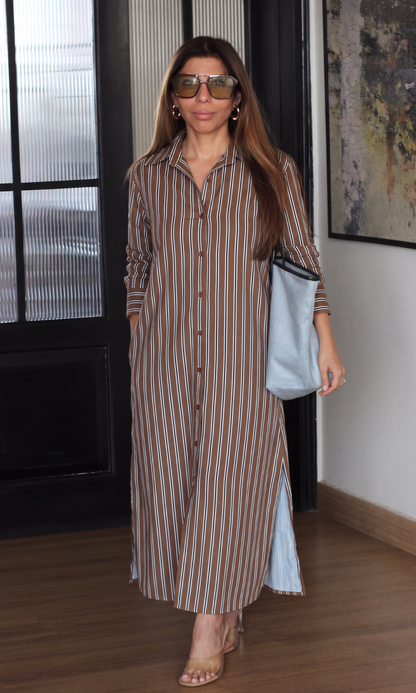 Cognac Striped Cotton Shirt Dress