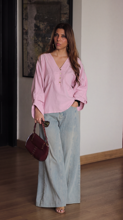 Dusty Rose Contrast-Stitch Top