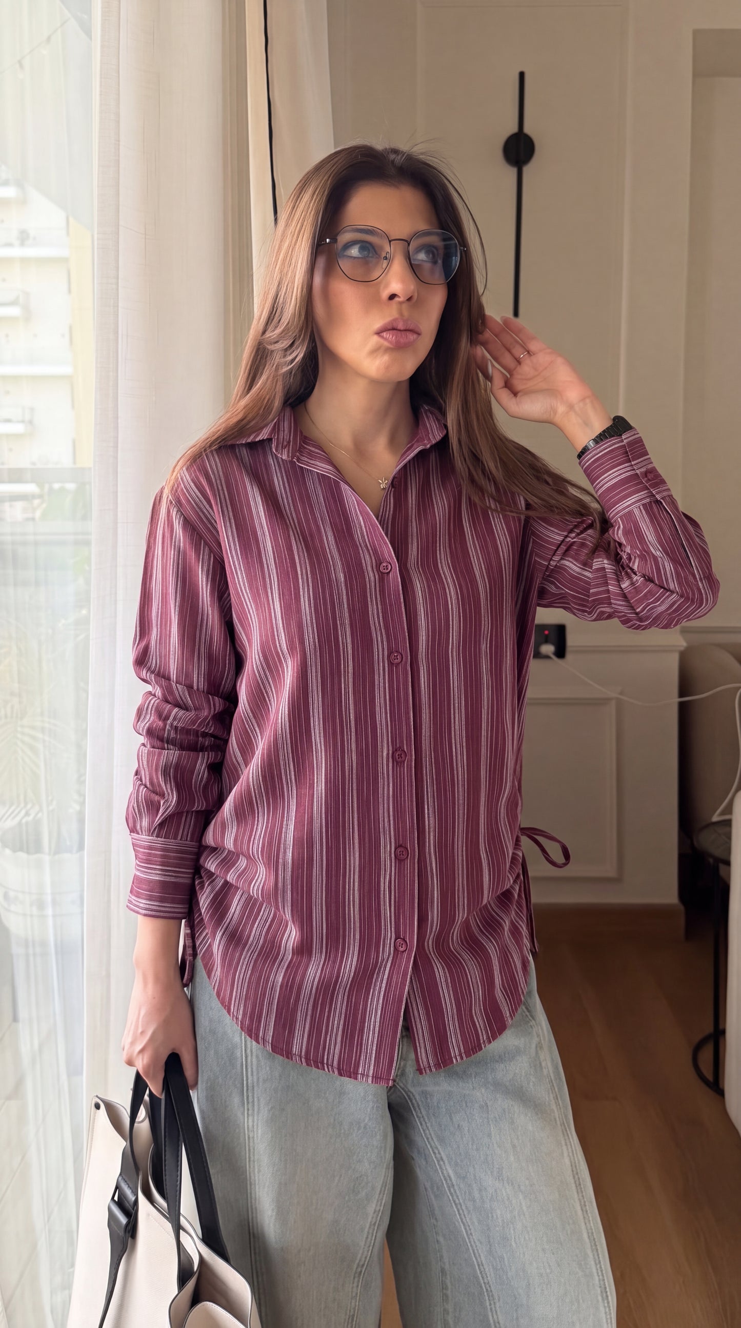 Burgundy Stripe Drawstring Shirt